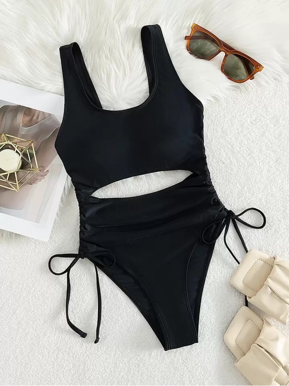 🔥2/$20 NWOT Women's Sexy Black Print High-Waisted Swim Suit Adjustable Fit Lg - Picture 9 of 9